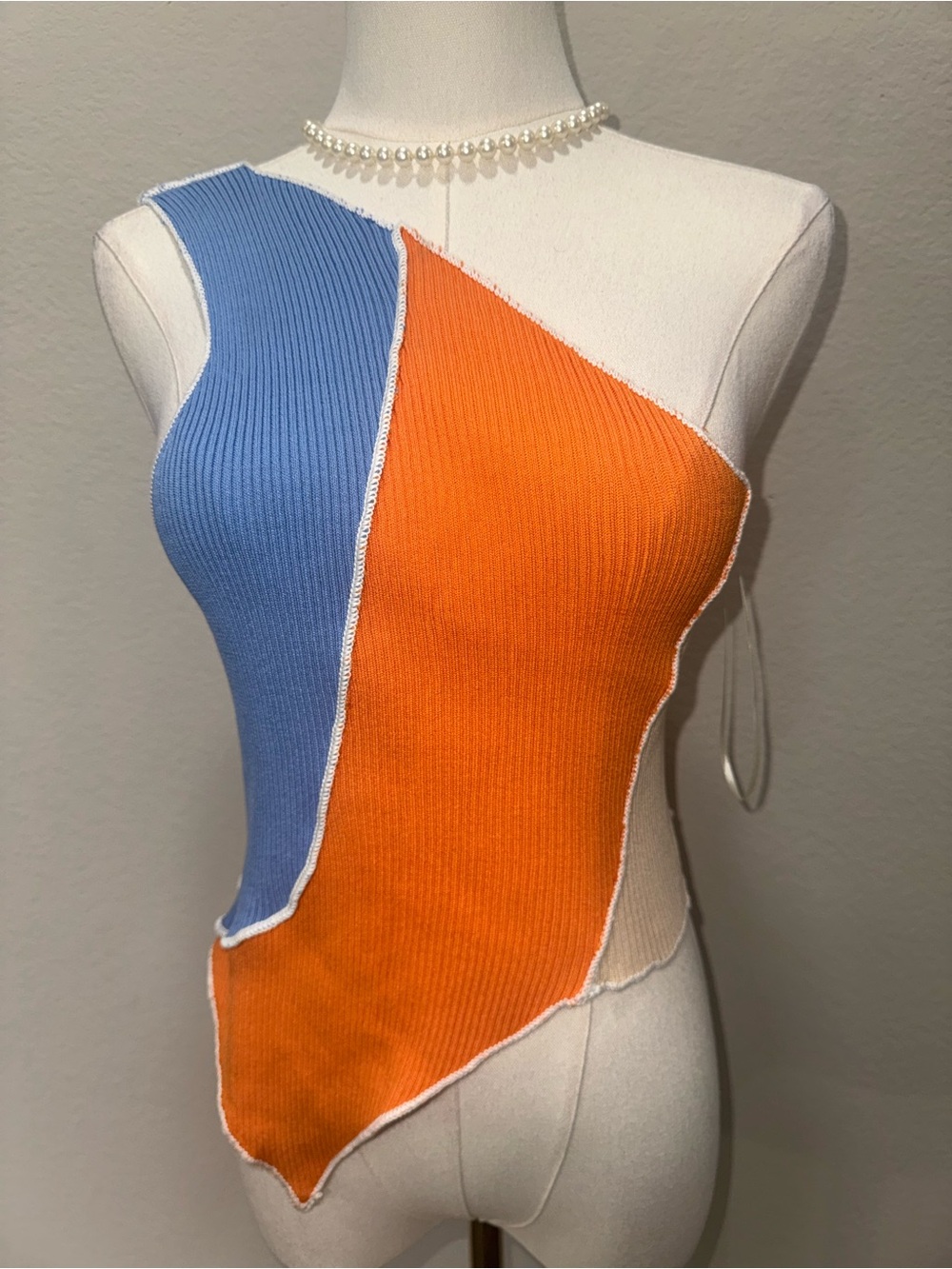 Asymmetric Colorblock Ribbed One-Shoulder Tank - Blue & Orange